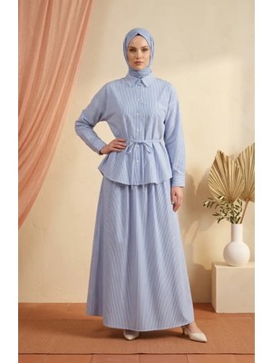 Sefa Merve Çizgili Polo Yaka Tunik Etek Ikili Takım 0321-05 Saks