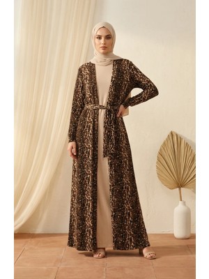 Sefa Merve Bürümcük Kumaş Leopar Abaya Jile Ikili Takım 0511A-01 Vizon