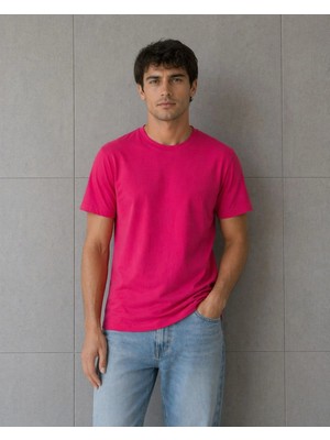 MiraLive Erkek Basic Pamuklu Tişört Bisiklet Yaka Düz Renk Regular Fit T-Shirt - Fuşya