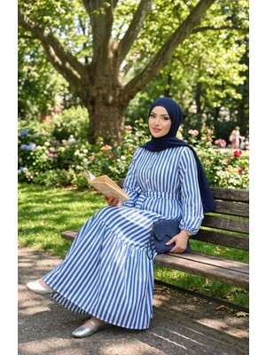 Sefa Merve Çizgili Keten Beli Lastikli Kuşaklı Tesettür Elbise 0323-06 Saks