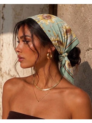 Revam Collection Ayçiçek Desenli Fular Bandana Şal Çok Renkli Saten Pamuk Malzeme ile Günlük Kullanım İçin