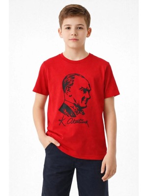 MiraLive Erkek Çocuk Atatürk Baskılı Tişört Kısa Kollu Bisiklet Yaka T-Shirt - Kırmızı