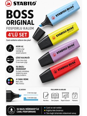 Stabilo Boss Original 4'lü Pastel Fosforlu Kalem Seti