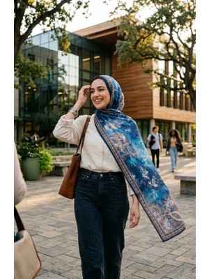 Sefa Merve Çiçek Desenli Kehribar Şal 70360-07 Lacivert