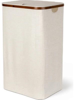 Bambu Çamaşır Sepeti Kapaklı Keten 40X33X69 cm