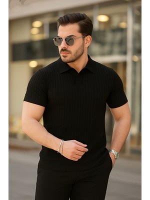 MiraLive Erkek Kısa Kollu Yakalı Çizgi Desenli Triko Bluz