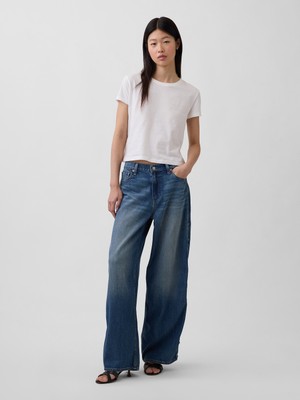 Gap Kadın Mavi Mid Rise Ultrasoft Studded Baggy Jean Pantolon