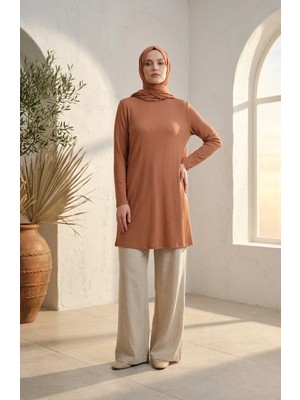 Sefa Merve Bürümcük Kumaş Uzun Tunik 0508-08 Vizon