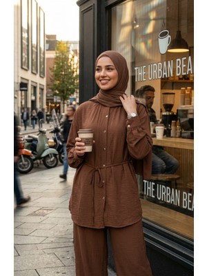 Sefa Merve Boydan Düğmeli Tunik Pantolon Ikili Takım 2276-02 Kahverengi