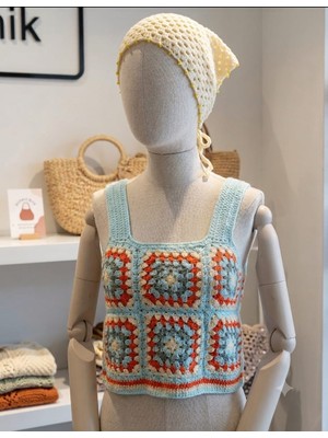 Linas Collection El Örgüsü Motifli Crop Top ve Incili Bandana Ikili Kombin Set