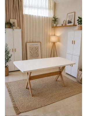 Weltwood 6 Kişilik Iskandinav Yemek Masası | 36MM Çift Kat Mdf Tabla, Beyaz Renk, Kayın Ahşap Ayaklı Masa