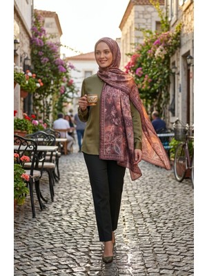 Sefa Merve Çiçek Desenli Kehribar Şal 70360-10 Mürdüm