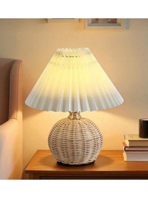 Buiva Modern Abajur Premium Krem Kumaş Umbrella Abajur Rattan Hasır Bambu Gövde Masa Lambası