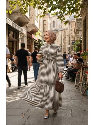 Sefa Merve Çizgili Keten Beli Lastikli Kuşaklı Tesettür Elbise 0323-05 Haki