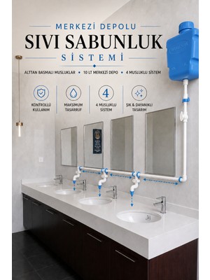Hilal Kimya Depolu Sabunluk Sistemi | 4 Musluklu | 10 Lt Merkezi Depolu | Alttan Basmalı | Okul, Cami ve Toplu Kullanım İçin