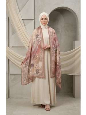 Sefa Merve Çiçek Desenli Kehribar Şal 70359-06 Vizon