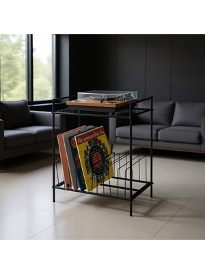 Rmd Shop Modern Tasarımlı Siyah Metal Plak ve Pikap Sehpası Salon ve Ofis Kullanımına Uygun