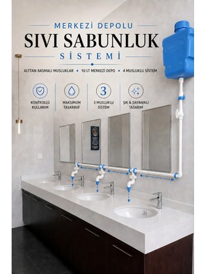Hilal Kimya Depolu Sabunluk Sistemi | 3 Musluklu | 10 Lt Merkezi Depolu | Alttan Basmalı | Okul, Cami ve Toplu Kullanım İçin