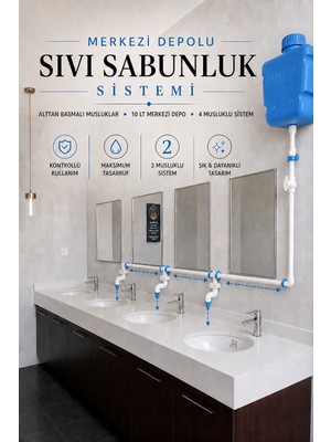 Hilal Kimya Depolu Sabunluk Sistemi | 2 Musluklu | 10 Lt Merkezi Depolu | Alttan Basmalı | Okul, Cami ve Toplu Kullanım İçin