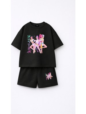 Fasardi KPOP Demon Hunters Huntrix Zoey Rumi Mira Baskılı Oversize %100 Pamuk Tişört Şort Çocuk Takım