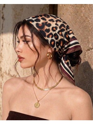 Revam Collection Leopar Desenli Fular Bandana Şal Kahverengi Bej Turuncu Saten Pamuk Malzeme