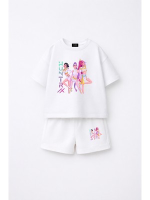 Fasardi KPOP Demon Hunters Huntrix Zoey Rumi Mira Baskılı Oversize %100 Pamuk Tişört Şort Çocuk Takım