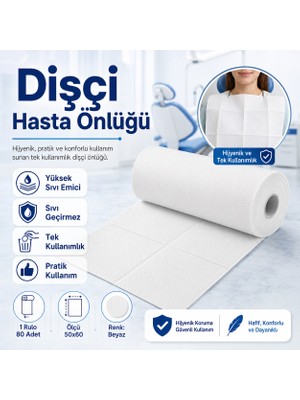 Karahanbey Dişçi Hasta Önlüğü 1 Rulo 80 Adet Beyaz Tek Kullanımlık Sıvı Geçirmez Yüksek Emici Hasta Örtüsü 50X