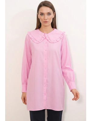 buğrahayalin Kadın Geniş Yaka Fırfır Detaylı Çizgili Pembe Tunik Gömlek