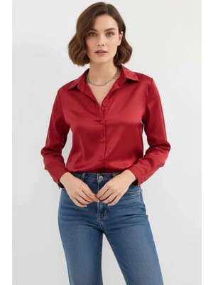 buğrahayalin Kadın Saten Bordo Gömlek