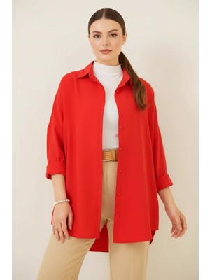 buğrahayalin Kadın Oversize Kesim Basic Pamuklu Kırmızı Tesettür Gömlek