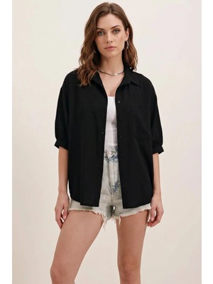 buğrahayalin Kadın Kısa Kol Basic Oversize Pamuklu Siyah Gömlek