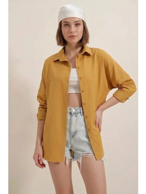 buğrahayalin Kadın Oversize Basic Pamuklu Hardal Gömlek