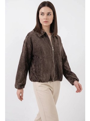 buğrahayalin Kadın Klasik Yaka Normal Büzgülü Oversize Kadife Kahverengi Ceket