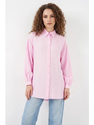 buğrahayalin Kadın Gömlek Yaka Dokulu Oversize Viskon Pembe Tunik