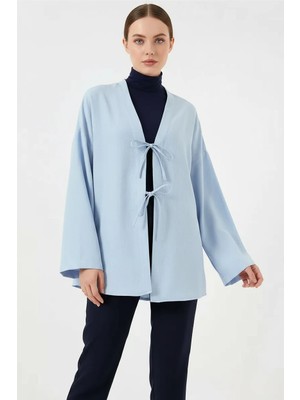 buğrahayalin Kadın V Yaka Kuşaklı Viskon Mavi Tesettür Kimono