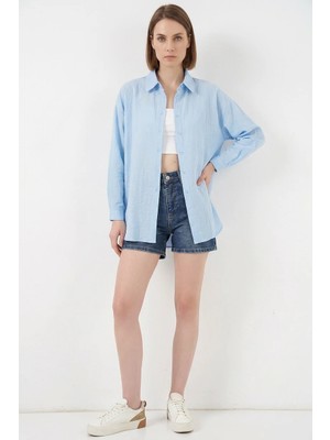 buğrahayalin Kadın Oversize Kesim Pamuklu Mavi Gömlek