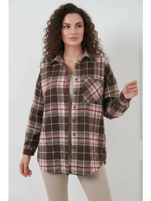 buğrahayalin Kadın Oversize Ekose Desenli Pamuklu Vizon Gömlek
