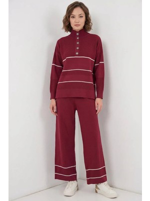 buğrahayalin Kadın Yüksek Yaka Oversize Çizgili Triko Bordo Ikili Takım