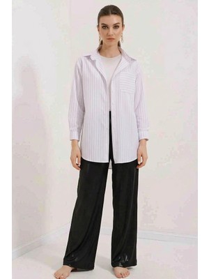 buğrahayalin Kadın Oversize Çizgili Pamuklu Beyaz Gömlek