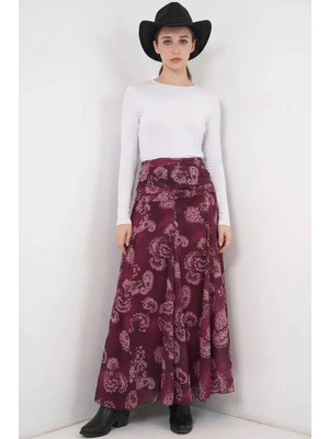 buğrahayalin Kadın Desenli Şifon Bordo Etek