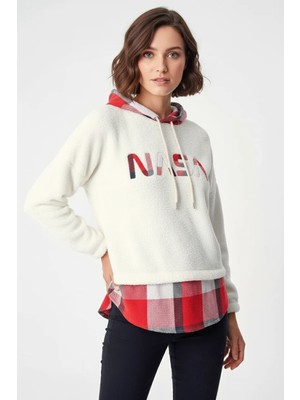 buğrahayalin Kadın Kapüşonlu Ekose Desenli Beyaz Sweatshirt