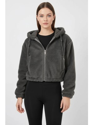 buğrahayalin Kadın Kapüşonlu Crop Peluş Antrasit Ceket