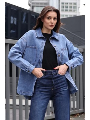 buğrahayalin Kadın Gömlek Yaka Çift Cepli Oversize Pamuklu Koyu Mavi Ceket