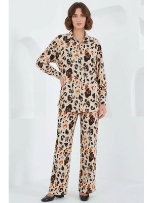 buğrahayalin Kadın Gömlek Yaka Oversize Leopar Desenli Krem Ikili Takım