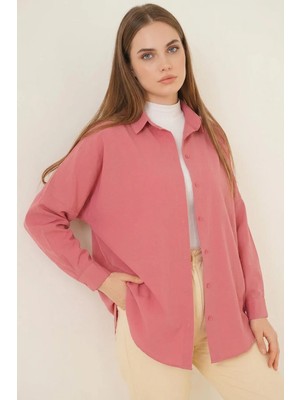 buğrahayalin Kadın Basic Oversize Pamuklu Gül Kurusu Tesettür Gömlek