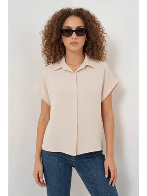 buğrahayalin Kadın Kısa Kol Oversize Krem Gömlek
