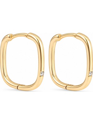Zeino Zirkon Tektaş Detaylı Kare Halka Küpe - 14K Altın Kaplama - 2 cm