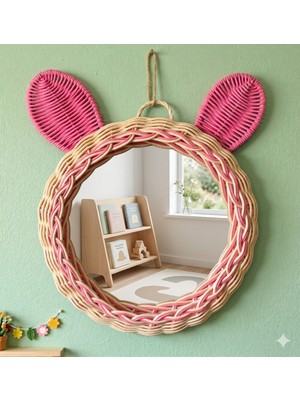 El Örgüsü Çocuk Odası Aynası- Rattan Pembe Kulaklı Dekoratif Ayna