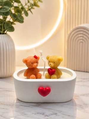 Masal Tedarik Çift Ayıcıklı & Kalp Detaylı Dekoratif Mum