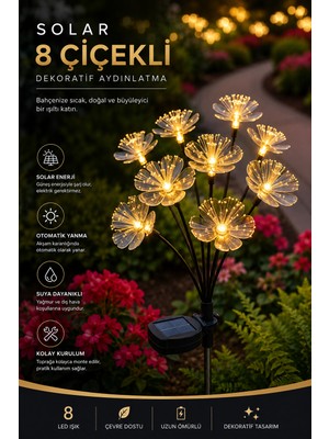 Deconitte Solar 8 Çiçekli Bahçe Aydınlatması, Güneş Enerjili LED Dekoratif Çiçek Lamba, Suya Dayanıklı Dış Mekan Bahçe Yolu Peyzaj Işığı